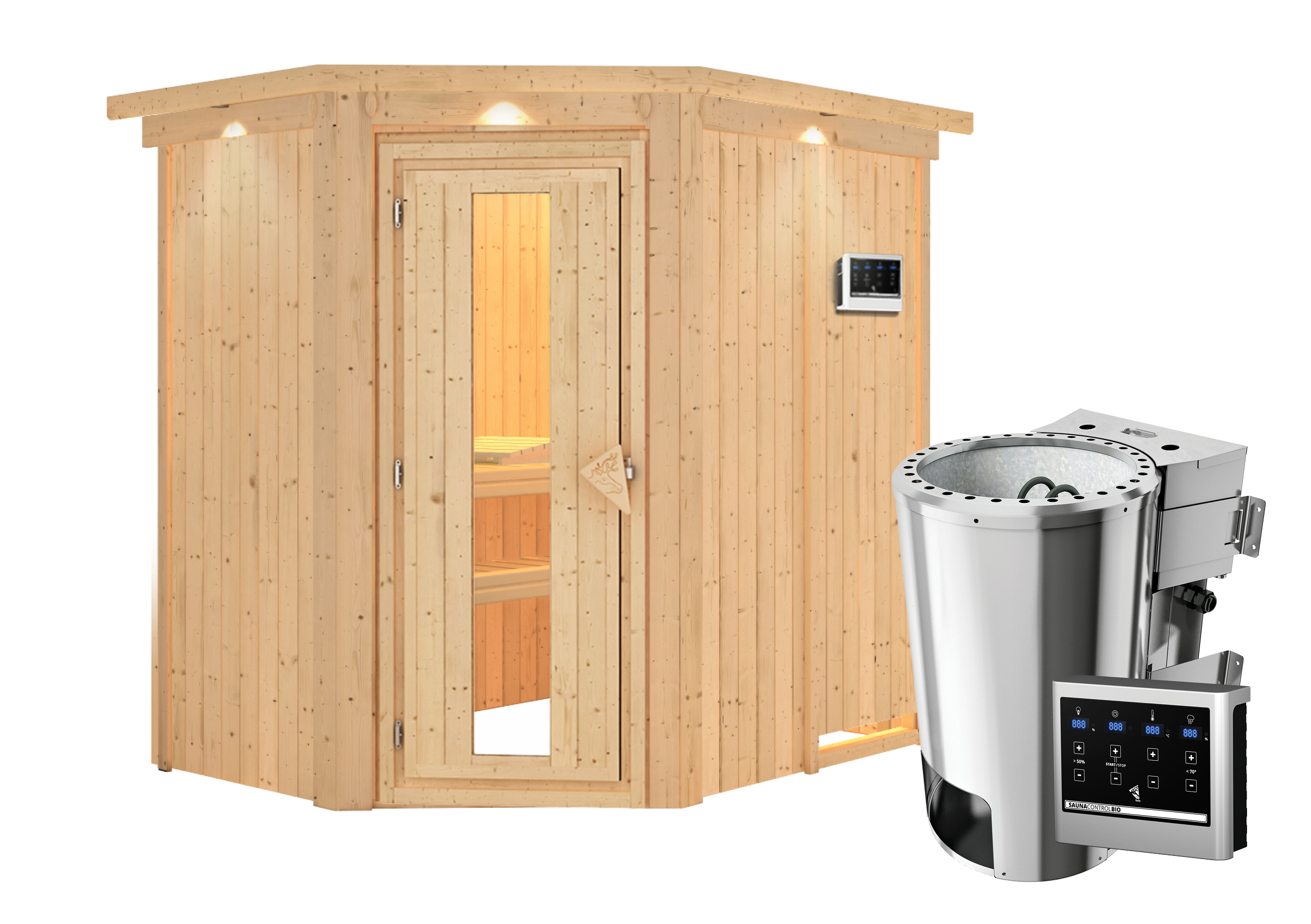 Karibu Sauna Saja - 68 mm Systemsauna - 230 Volt Plug & Play-3,6kW Plug&Play Bio-Kombiofen externer Steuerung Easy-Inkl....