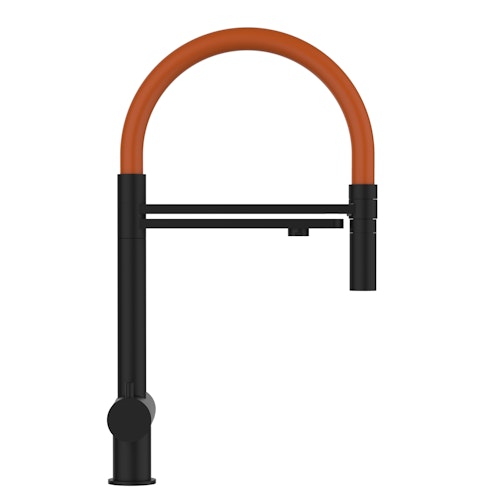 Kurzversion 45 cm - 3 Wege Wasserhahn Küchenarmatur, Edelstahl Massiv mit 360° schwenkbarem Auslauf und abnehmbare 2 strahl Handbrause, PVD Schwarz Matt / Orange