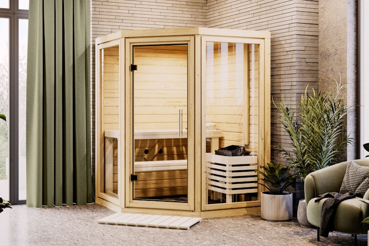 Karibu Sauna Yuma - Massivholzsauna mit Eckeinstieg 38 mm inkl. gratis Sauna-Zubehörset im Wert von 234,94 €