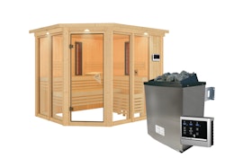 Karibu Multifunktions-Sauna Ava inkl. Infrarotstrahler mit Eckeinstieg 68 mm Inkl. Dachkranz 9 kW Ofen inkl. Steuergerät