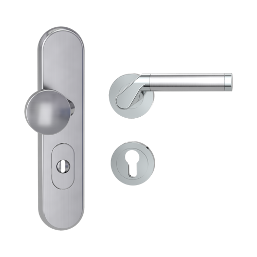 Griffwerk TITANO Kombi SB_882 ES1 (S2) -Edelstahl matt Kombi-Schutzbeschlag -Knopf/Drücker -mit Griff CORINNA Schraubt. -CHR/EM -R -ZA, 72mm -TS 38-50