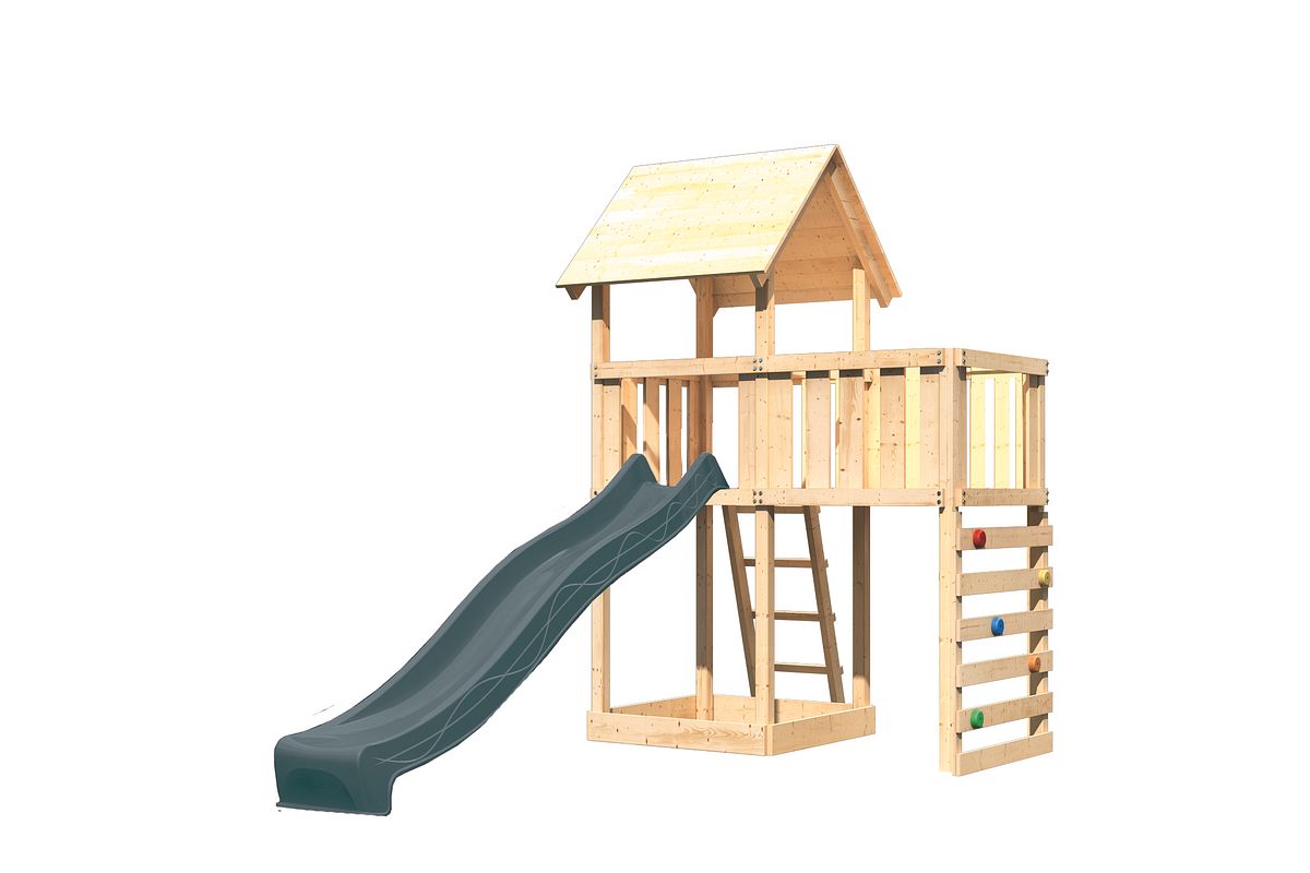 Akubi Kinderspielturm Lotti inkl. Anbauplattform, Rutsche anthrazit und Kletterwand