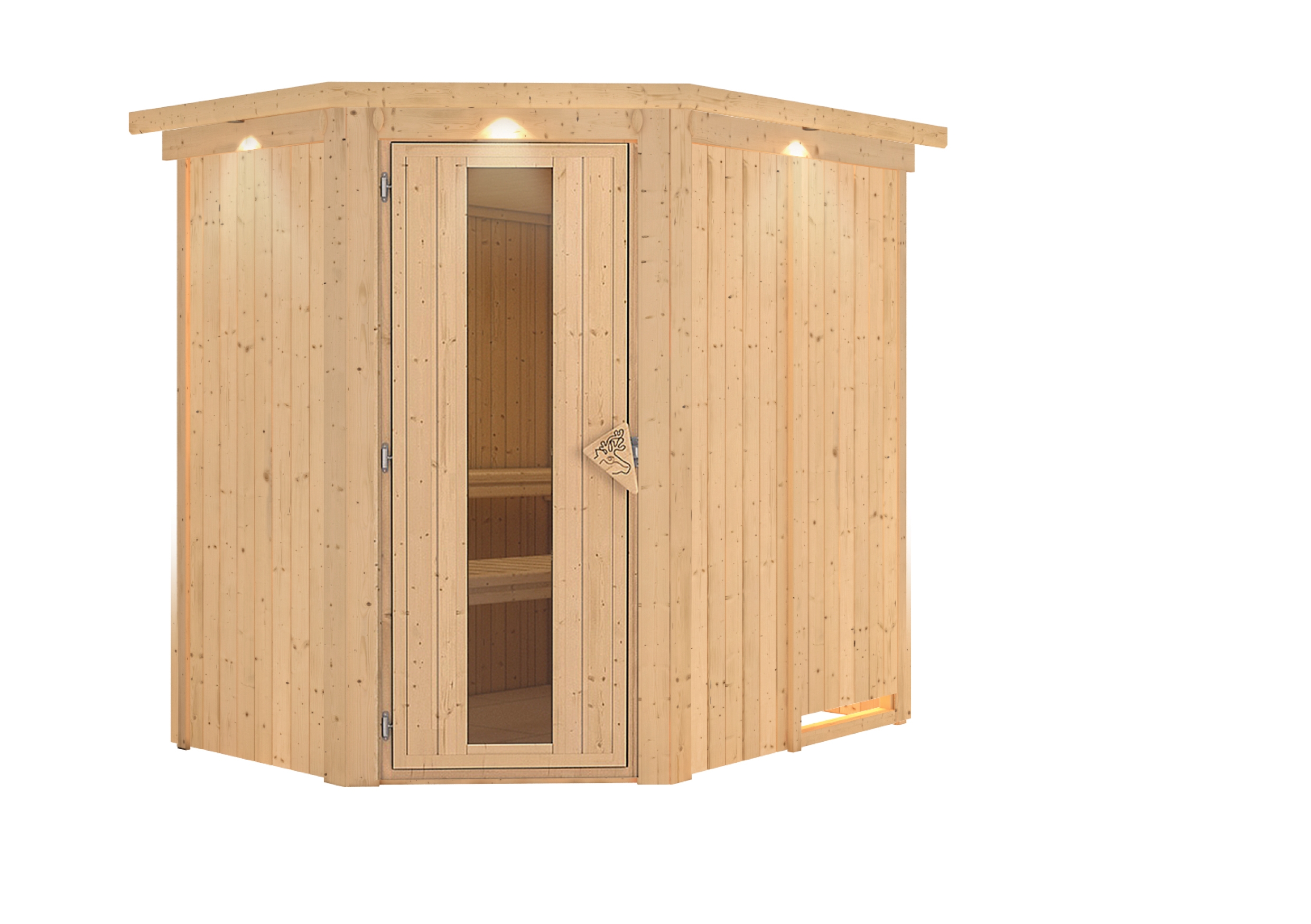 Karibu Sauna Saja - 68 mm Systemsauna - 230 Volt Plug & Play-Ohne Ofen-Inkl. Dachkranz- Energiesparende Saunatür