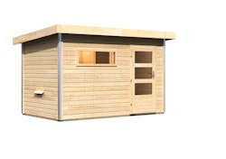 Karibu Gartensauna Pultdach Saunahaus Skrollan 1 mit Vorraum-Ohne Ofen-Moderne Saunatür (Klarglas) inkl. gratis Saunaofen im Wert von 599,99 €