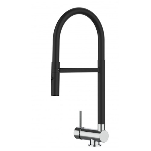 Wasserhahn Vorfenster Küchenarmatur, Umklappbar 6 CM, LINKER HEBEL, mit 360° schwenkbarem Auslauf abnehmbare 2 strahl Handbrause, Schwarz Matt und Verchromt