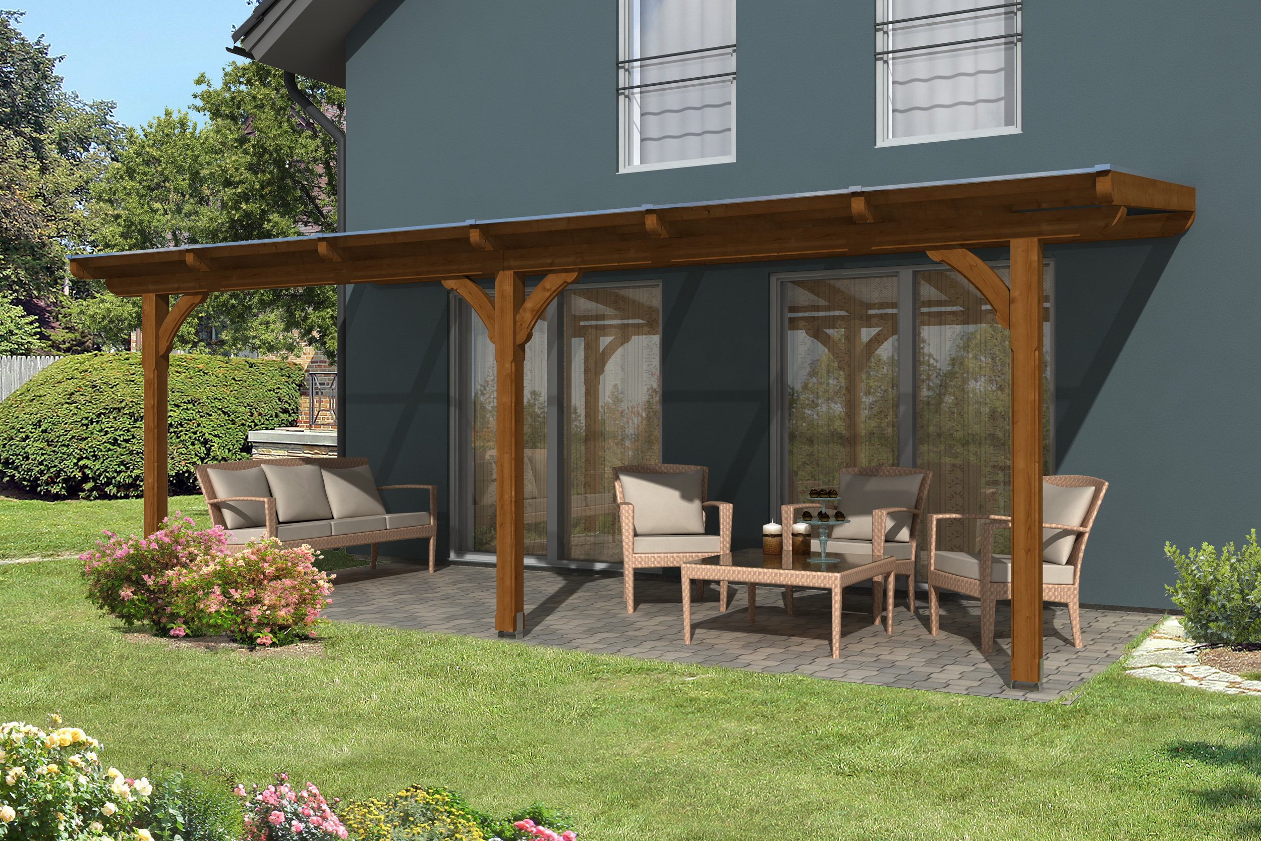 Skan Holz Terrassenüberdachung Rimini 648x350 cm nussbaum aus Douglasie