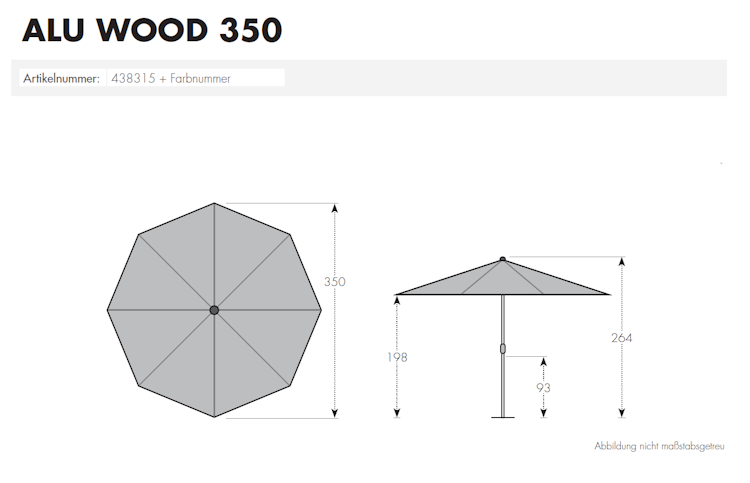 doppler Mittelmastschirm ALU WOOD 350, Aluminium Esche-Optik / 100 % Polyester 180 g/m²