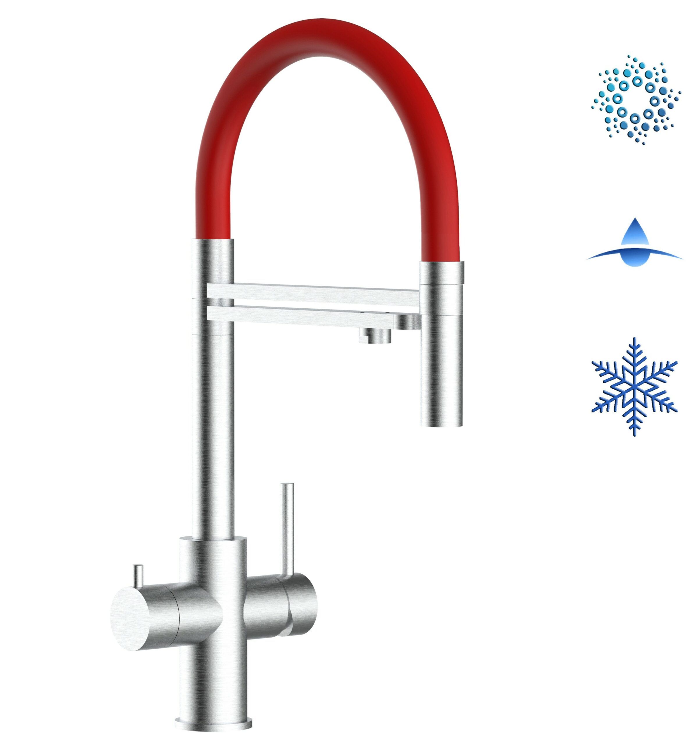 Kurzversion 47 cm - 5 Wege Wasserhahn Küchenarmatur, Edelstahl Massiv mit 360° schwenkbarem Auslauf, abnehmbare 2 strahl Handbrause, Gebürstet / Rot
