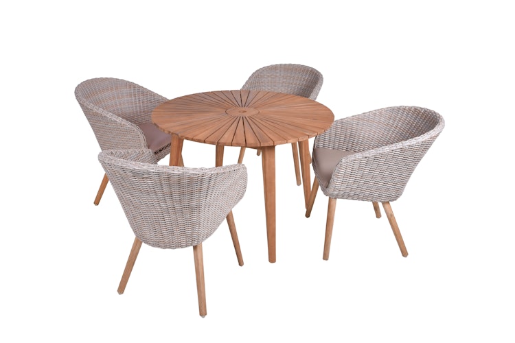 Garden Pleasure Gartenmöbel Set FREMONT / VISALIA, Tisch Ø 110 + 4 Sessel, Akazie / Polyrattan Muskatnuss / Kissen 100 % Polyester Taupe