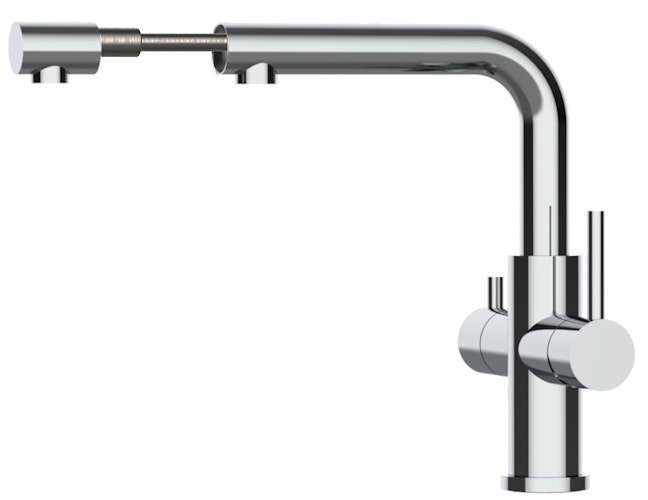 4 Wege Wasserhahn Küchenarmatur, Edelstahl Massiv mit schwenkbarem L-Auslauf und herausziehbarer Brause, Hochglanz