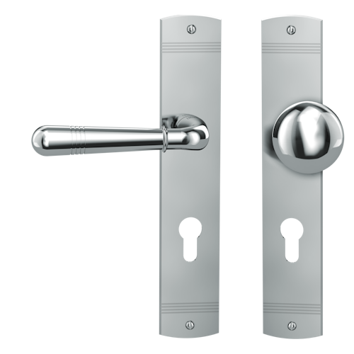 Griffwerk FABIO -Chrom Langschild-Garnitur -sichtbar verschraubt -Knopf R21 -WL -TS 40-45mm