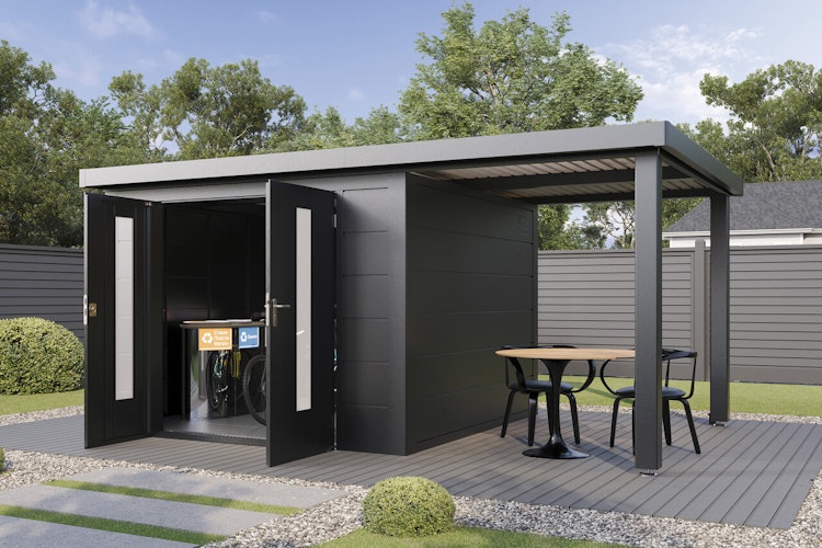 Wolff Finnhaus Premium Metall Gartenhaus Elvar 5424 Anthrazit inkl. 240 cm Anbaudach