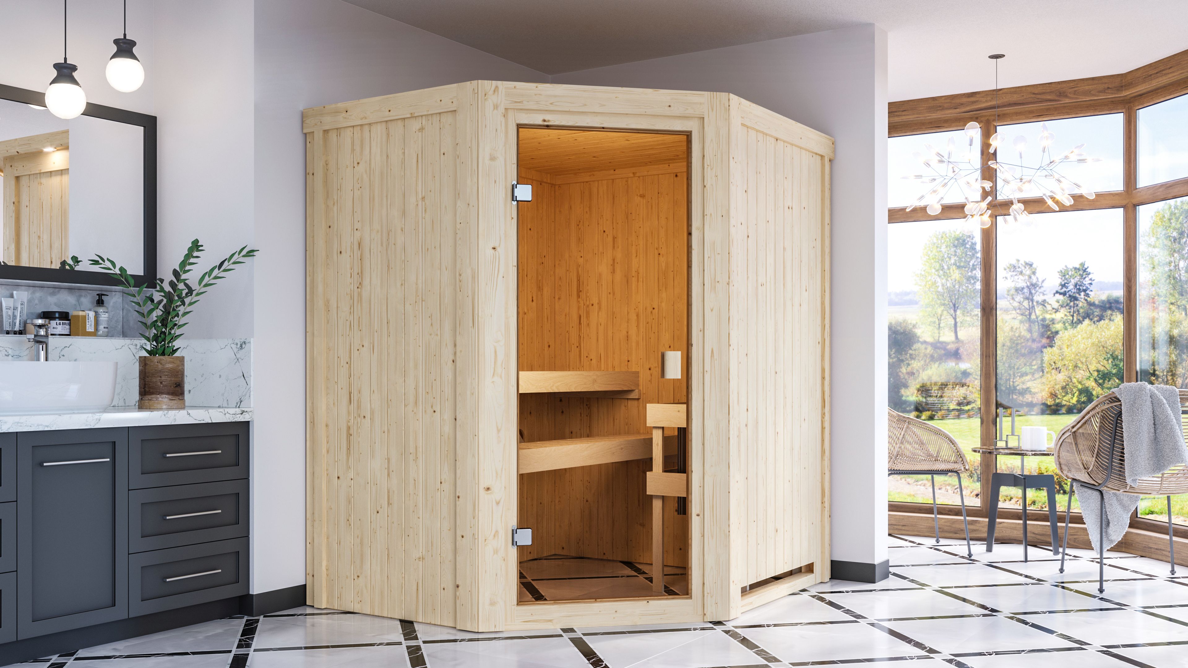 Karibu Woodfeeling Sauna Faurin - 68 mm Aktionssauna inkl. 5-teiligem Gratis-Zubehörpaket im Wert von 100 €