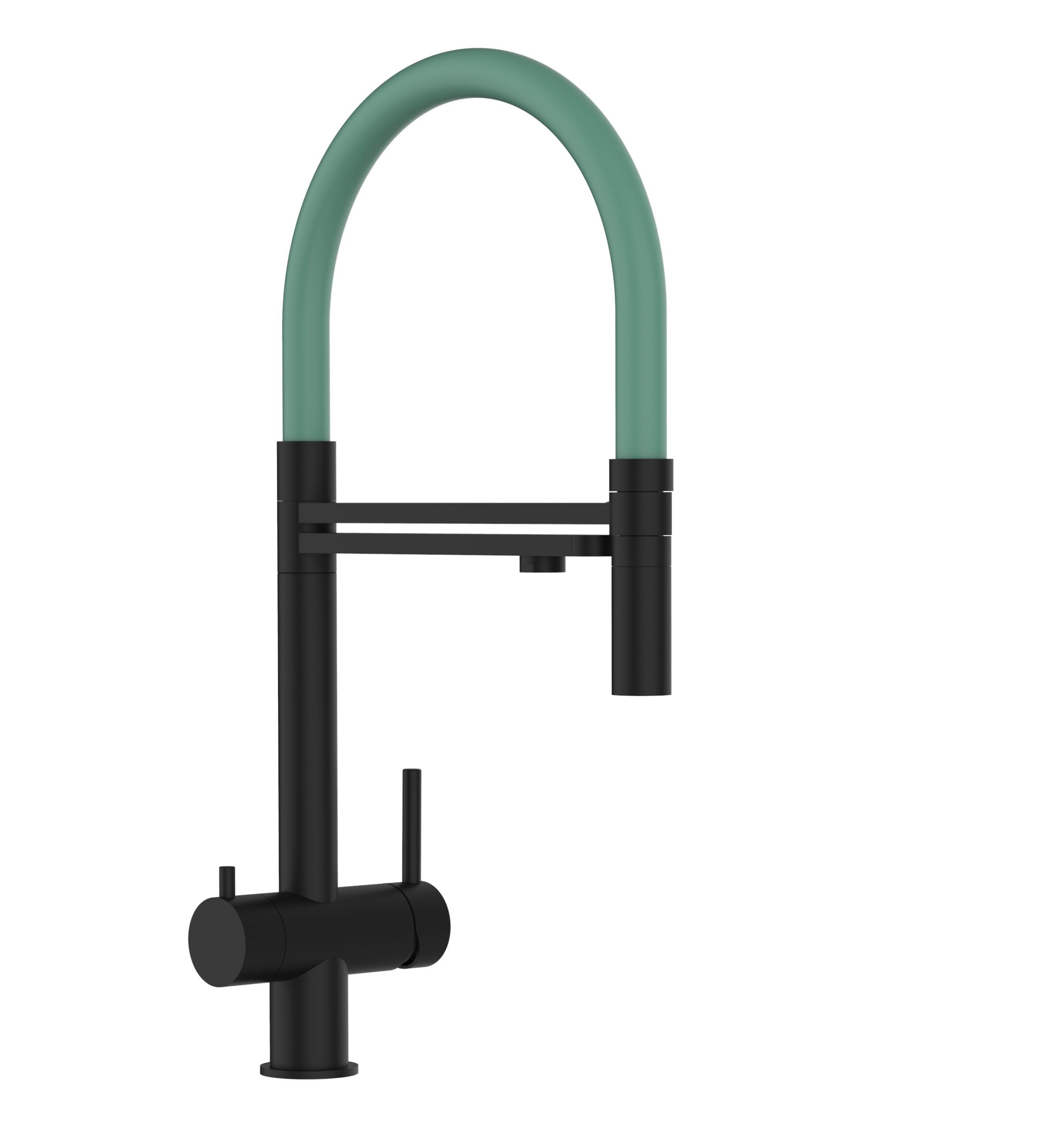 3 Wege Wasserhahn Küchenarmatur, Edelstahl Massiv mit 360° schwenkbarem Auslauf und abnehmbare 2 strahl Handbrause, PVD Schwarz Matt / Türkis