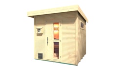 Weka Blockbohlen Saunahaus Kuopio - 45 mm Blockbohle naturbelassen Inkl. schmalem Fenster 9 kW finnischem Saunaofen OS mit Ofenschutz, Anschlusskabel, analoger Steuerung