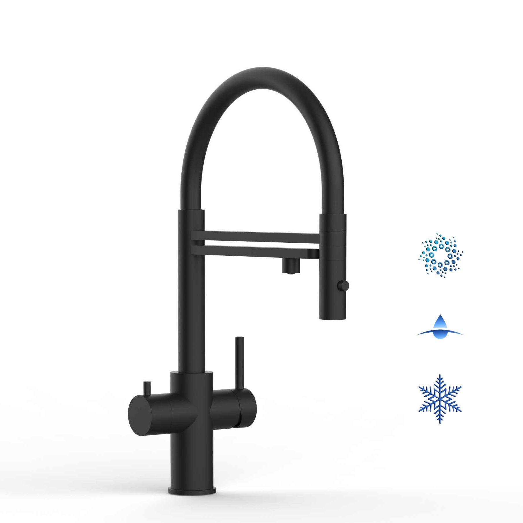 Kurzversion 47 cm - 5 Wege Wasserhahn Küchenarmatur, Edelstahl Massiv mit 360° schwenkbarem Auslauf, abnehmbare 2 strahl Handbrause, PVD Schwarz Matt