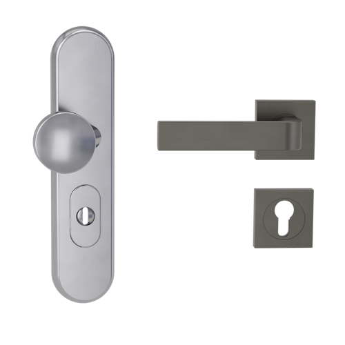 Griffwerk TITANO Kombi SB_882 ES1 (S2) -Edelstahl matt Kombi-Schutzbeschlag -Knopf/Drücker -mit Griff DESM GRAPH -KGR -eckig -L -ZA, 72mm -TS 38-50