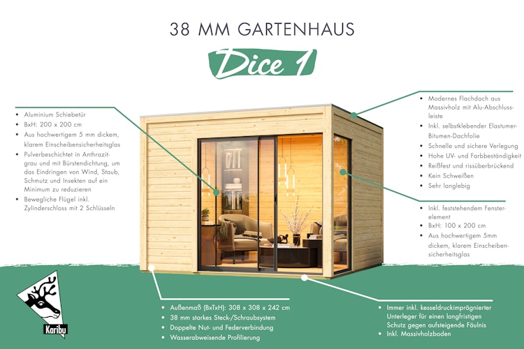 Karibu Design Gartenhaus View Slide mit Aluminium Schiebetür - 38 mm (Homeoffice-Gartenhaus)