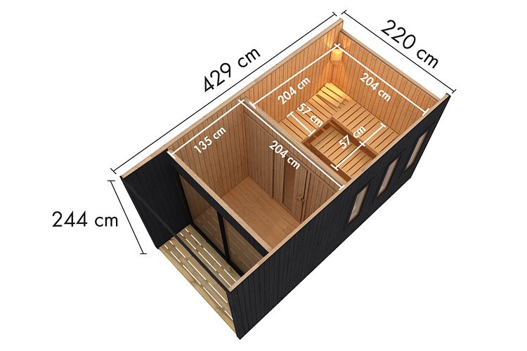 Karibu Design Saunahaus Miramar mit Vorraum - Douglasie-Lamellenprofil  - 73 mm