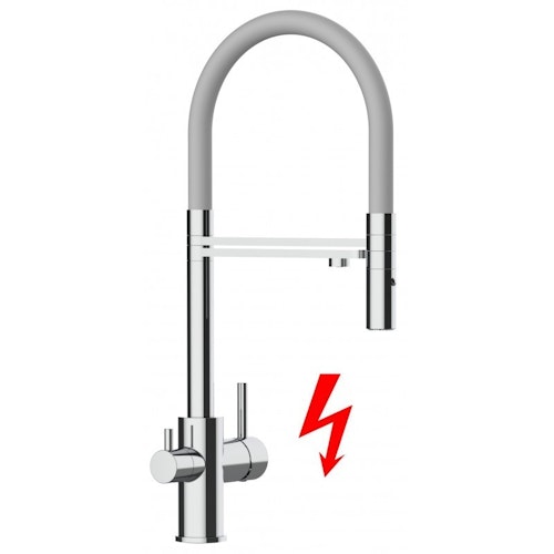 NIEDERDRUCK 3 Wege Wasserhahn Küchenarmatur, FL, mit 360° schwenkbarem Auslauf, abnehmbare 2 strahl Handbrause, Verchromt / Grau