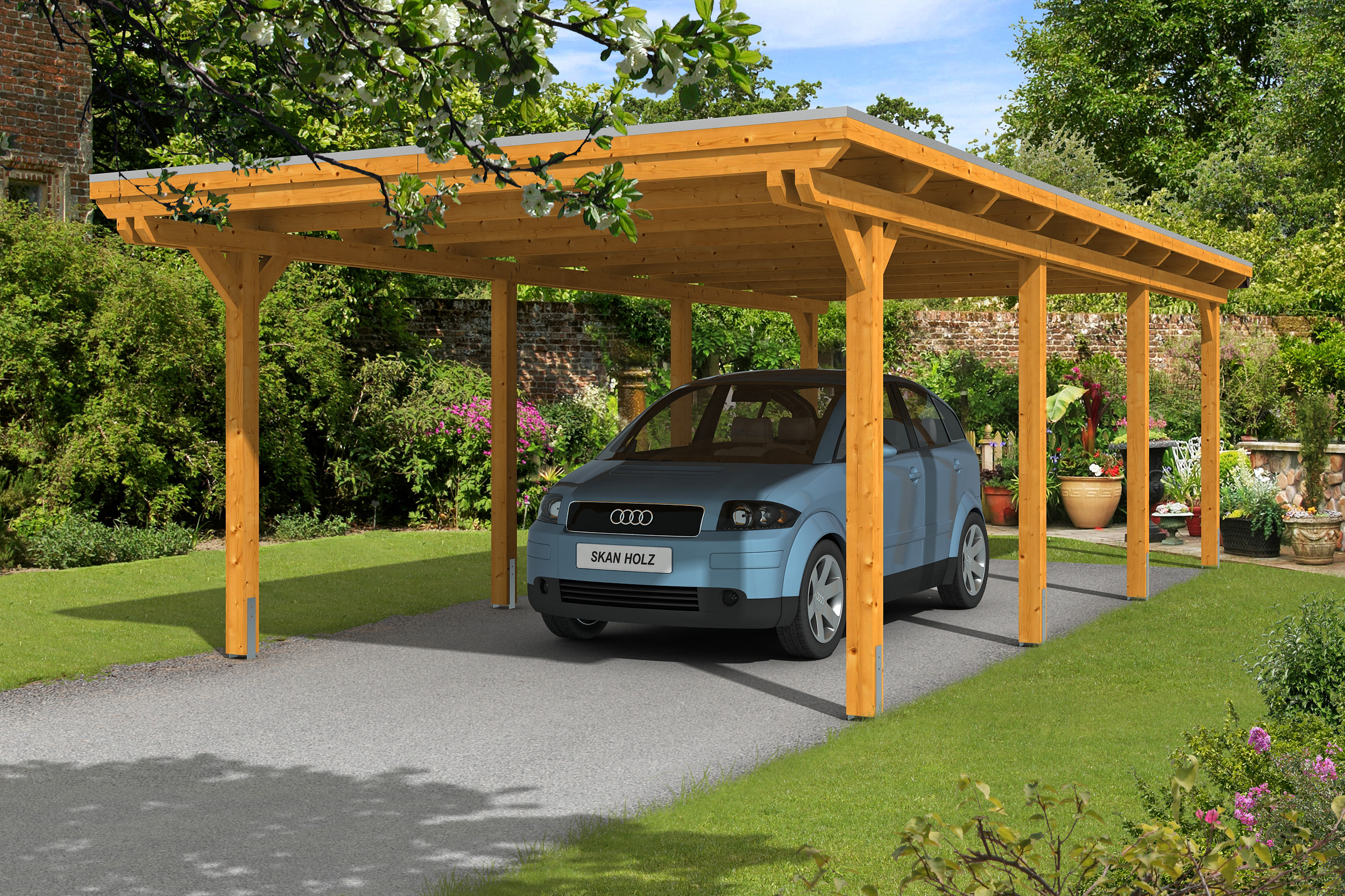 Skan Holz Emsland Flachdach Carport-404x846cm-eiche hell Holzcarport