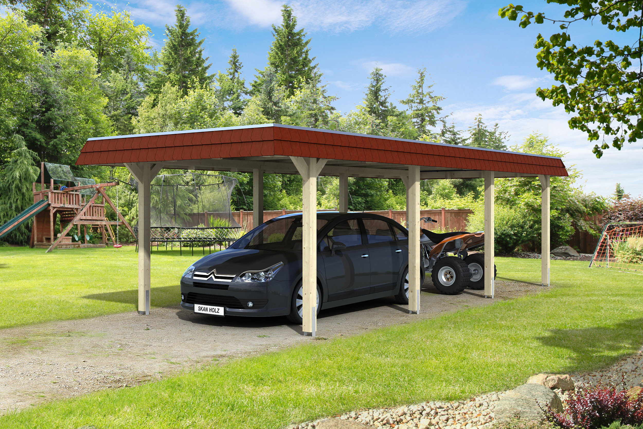 Carport Wendland 362x870 rote Blende, unbehandelt, 20mm Dachschalung mit EPDM Folie Holzcarport
