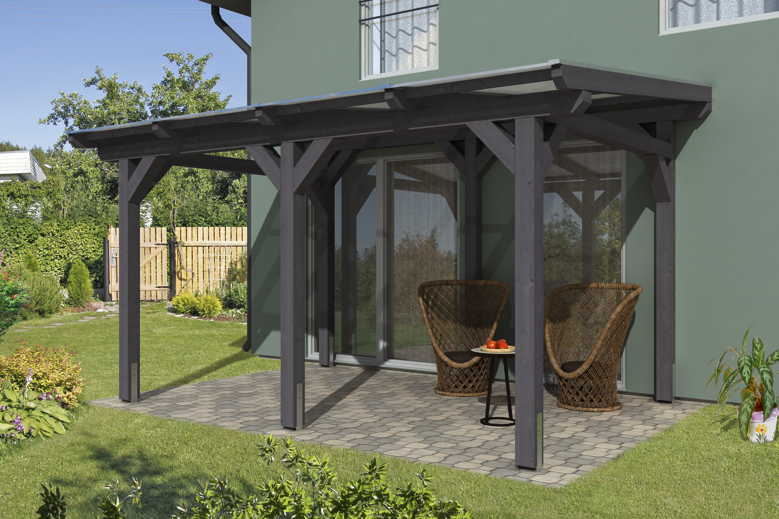 Skan Holz Siena aus Leimholz m. Mittelpfosten Breite 434 cm freistehende Terrassenüberdachung -434 x 400 cm - Gr. 4-schi...