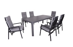 Garden Pleasure Gartenmöbel Set AMIRA / SINTRA, Ausziehtisch 195 /240 x 100 + 6 Sessel, Alu Anthrazit / Kunststoffgewebe Grau / Kissen 100 % Polyester