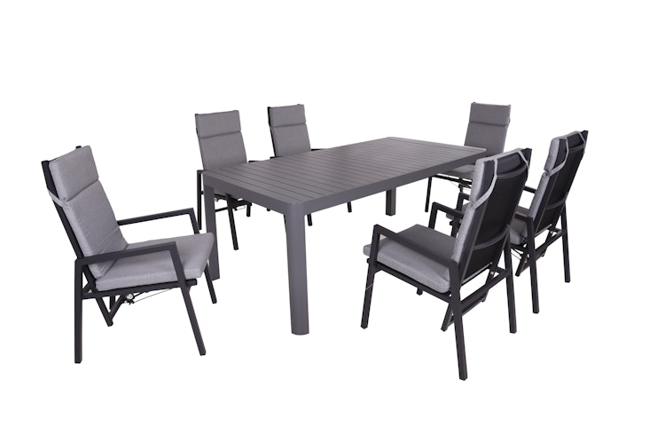 Garden Pleasure Gartenmöbel Set AMIRA / SINTRA, Ausziehtisch 195 /240 x 100 + 6 Sessel, Alu Anthrazit / Kunststoffgewebe Grau / Kissen 100 % Polyester