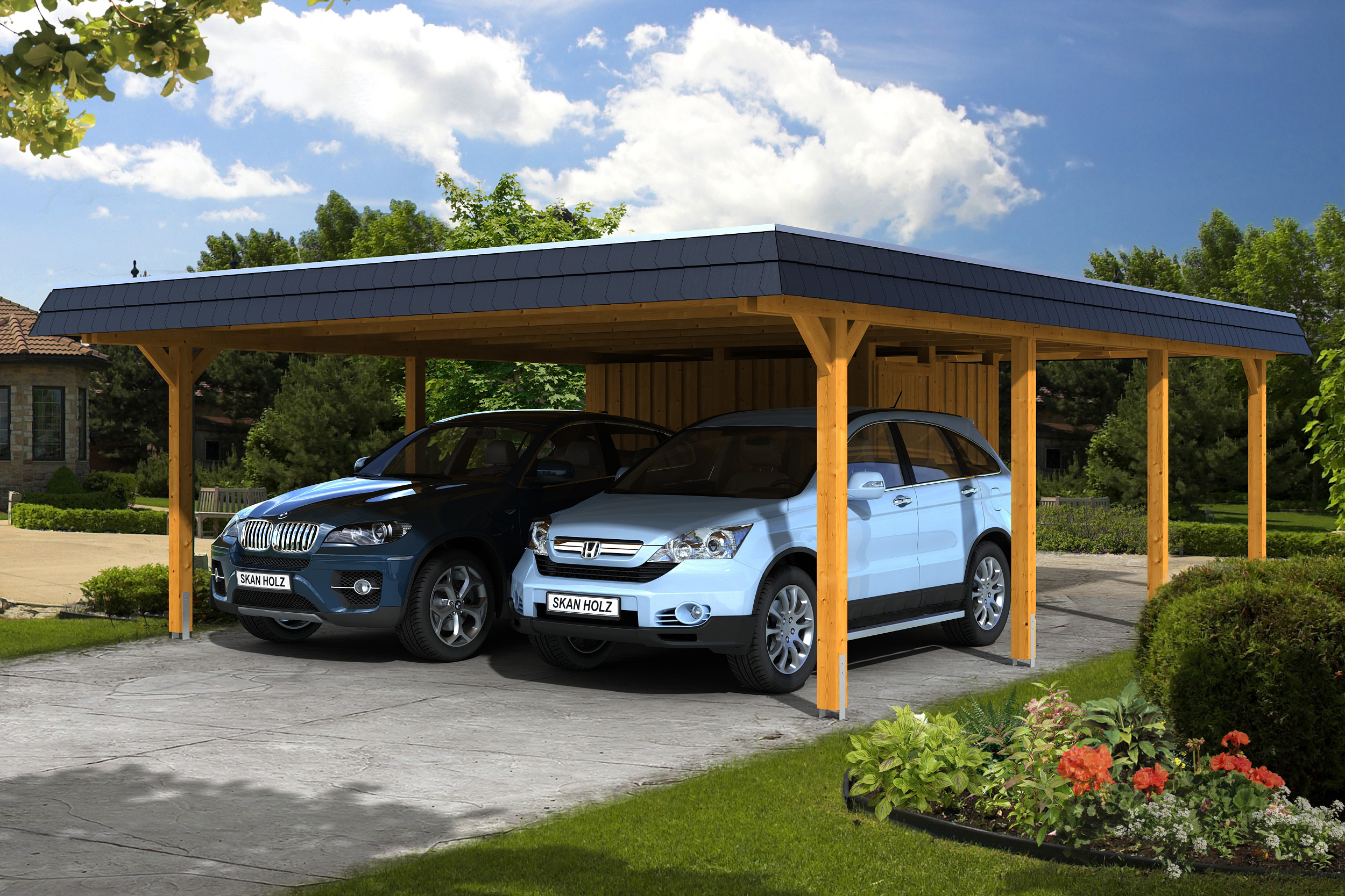 Carport Wendland 630x879 schwarze Blende, eiche hell, mit Abstellraum, Dachschalung und EPDM Holzcarport