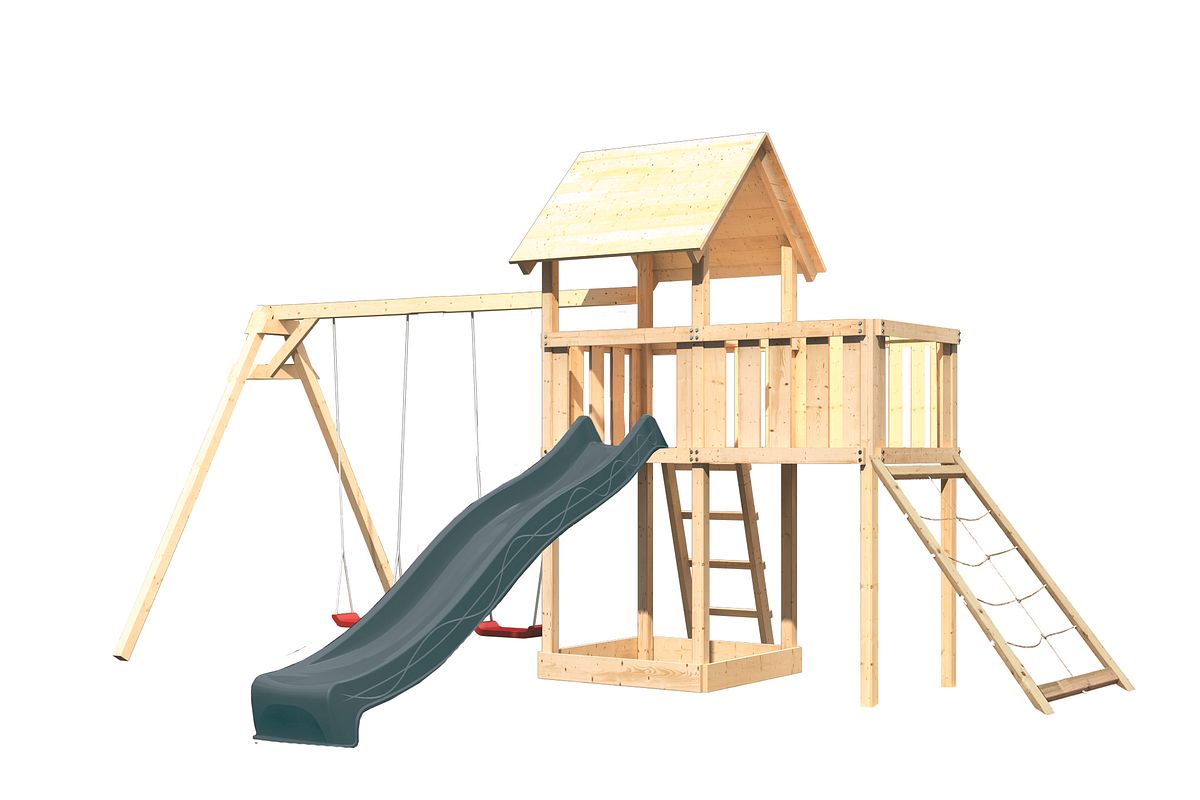 Akubi Kinderspielturm Lotti mit Satteldach inkl. Wellenrutsche anthrazit, Doppelschaukelanbau, Anbauplattform und Netzrampe