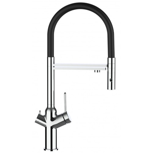3 Wege Wasserhahn Küchenarmatur, BOD, mit 360° schwenkbarem Auslauf, abnehmbare 2 strahl Handbrause, Verchromt / Schwarz