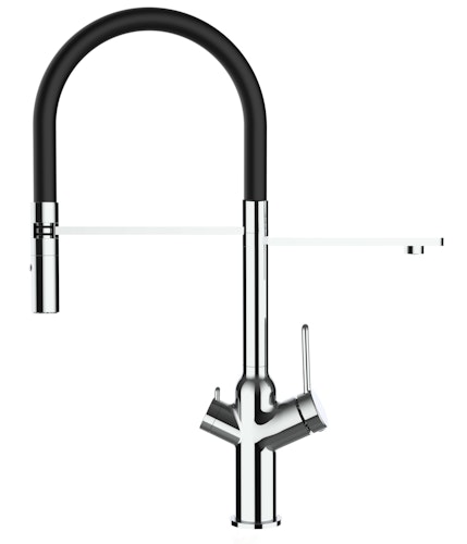 4 Wege Wasserhahn Küchenarmatur, BOD, mit 360° schwenkbarem Auslauf, abnehmbare 2 strahl Handbrause, Verchromt / Schwarz