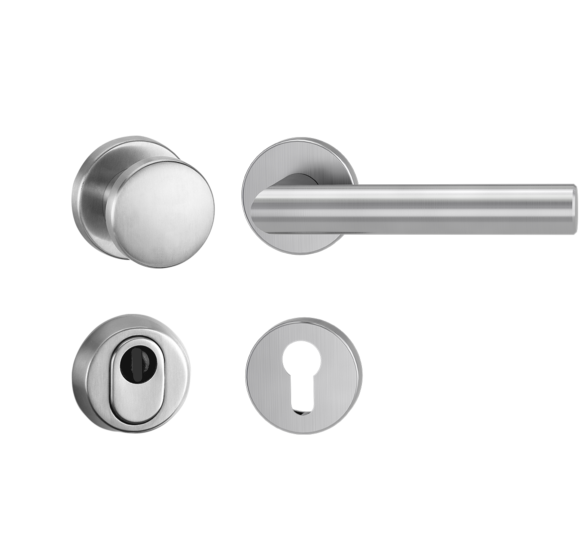 Griffwerk LUCIA PROFESSIONAL Schraubtechnik -Edelstahl matt Schutzrosettengarnitur -Knopf R2 -ZA -Kombi-Innenrosettensatz rund