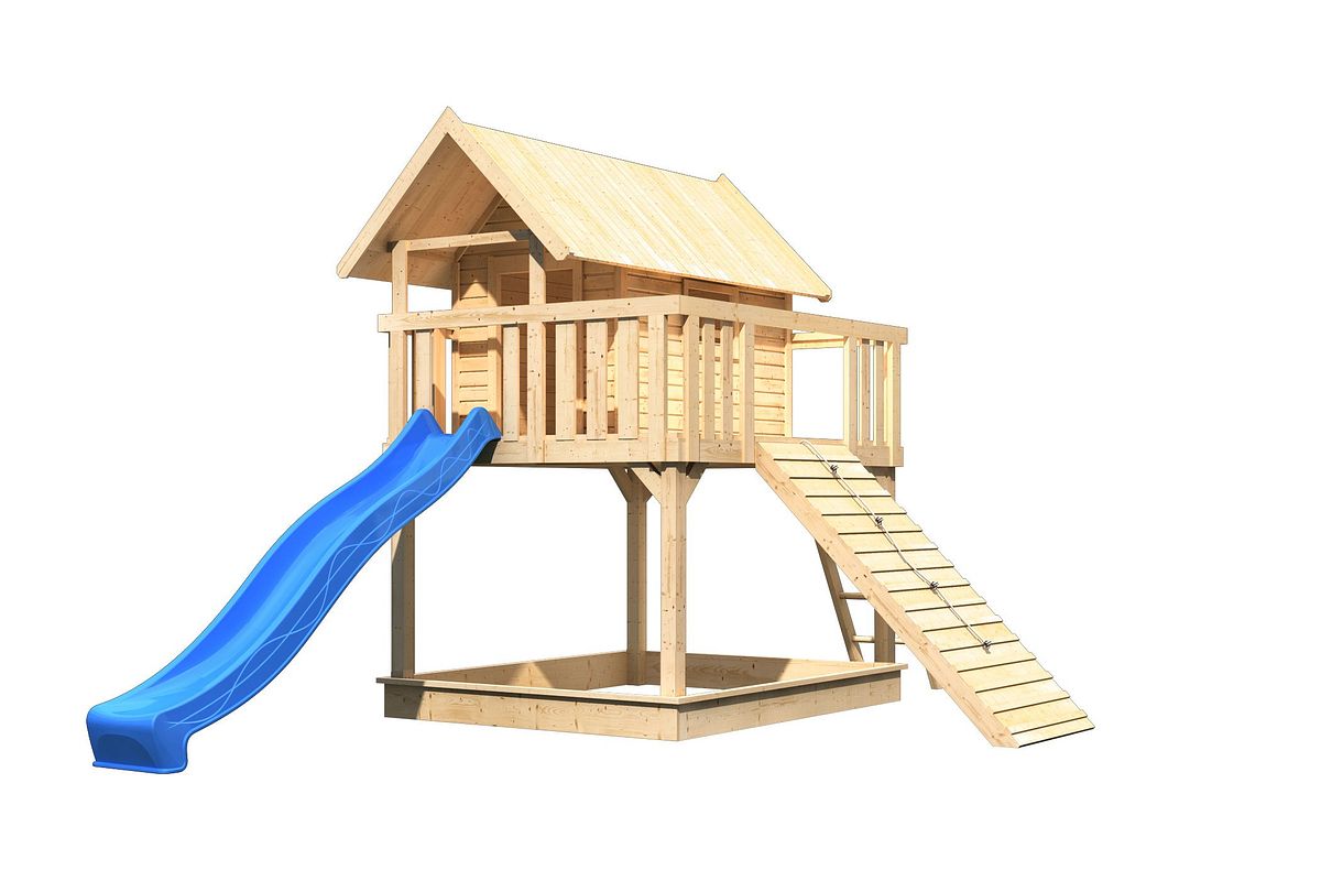 Akubi Stelzenhaus Fidel mit Satteldach inkl. Wellenrutsche und Holzrampe naturbelassen blau