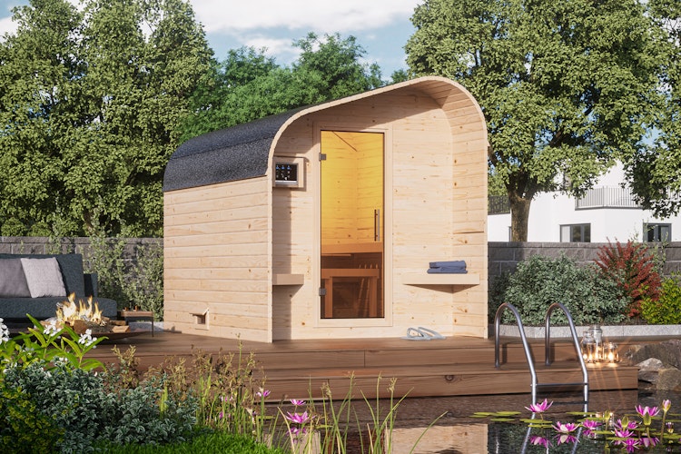 Karibu Gartensauna/Saunafass Fasshaus 2 asymmetrisch inkl. gratis Sauna-Zubehörset im Wert von 234,94 €