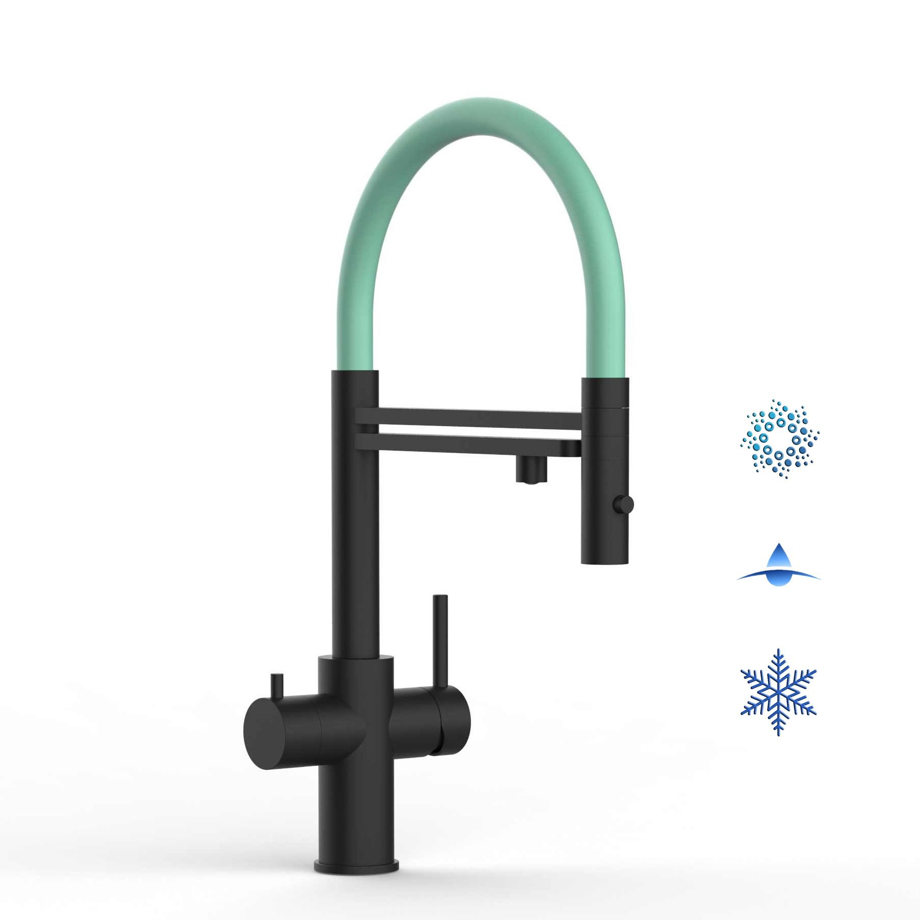Kurzversion 47 cm - 5 Wege Wasserhahn Küchenarmatur, Edelstahl Massiv mit 360° schwenkbarem Auslauf, abnehmbare 2 strahl Handbrause, PVD Schwarz Matt / Türkis