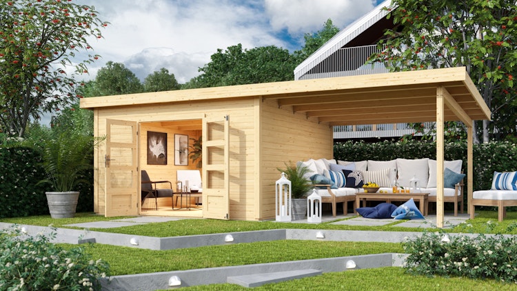 Karibu Woodfeeling Gartenhaus Northeim 5 inkl. 300 cm Schleppdach und Rückwand