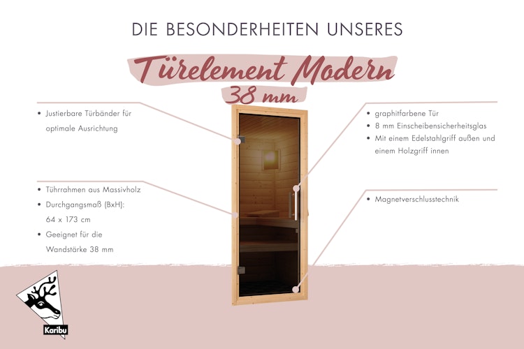 Karibu graphitfarbene Ganzglastür für 38/40 mm Kabinen