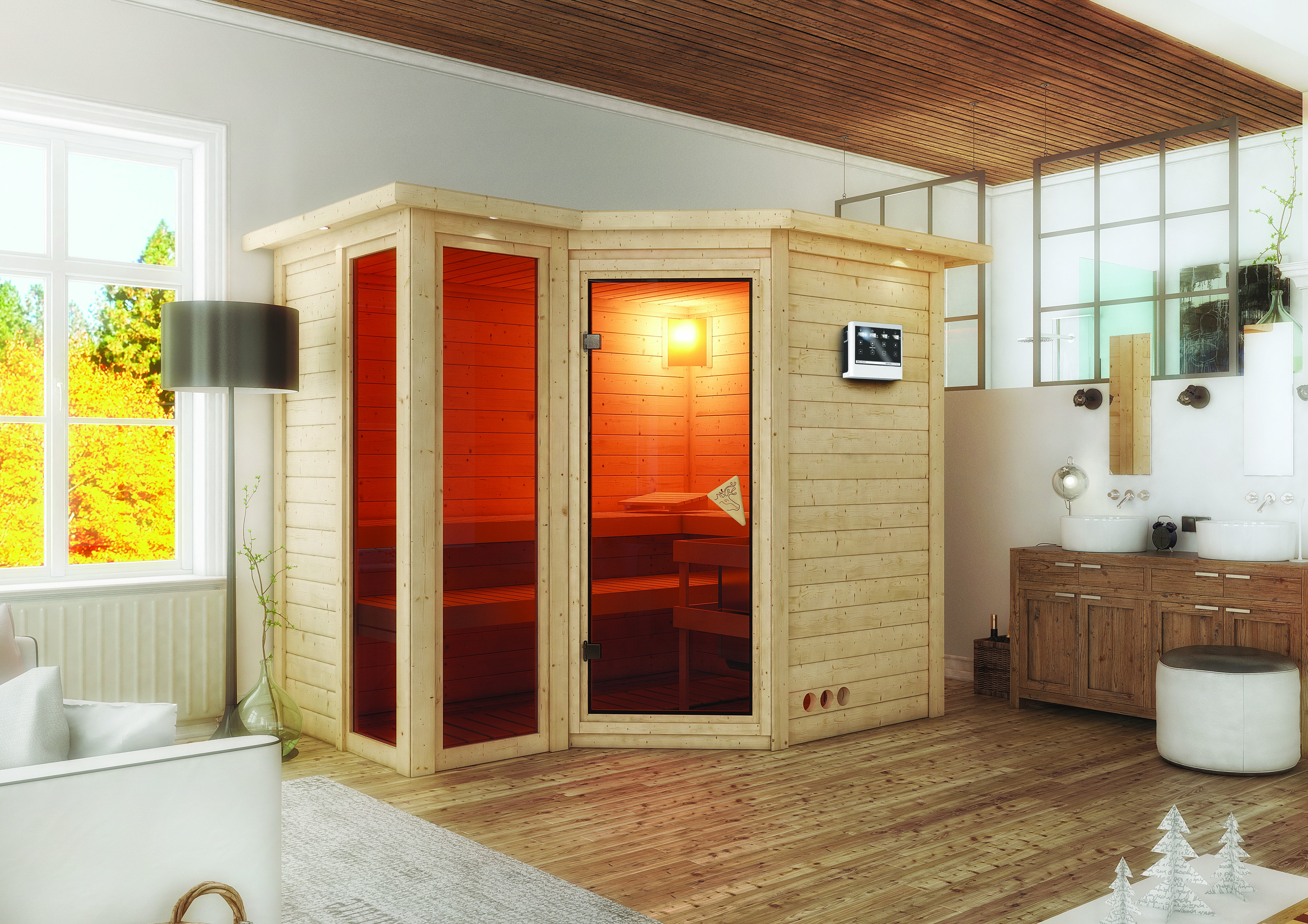 Karibu Sauna Amara-Massivholzsauna 38 mm -Eckeinstieg - Exklusivoptik inkl. 5-teiligem Gratis-Zubehörpaket im Wert von 100 €