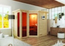 Vorschaubild Karibu Sauna Amara-Massivholzsauna 38 mm -Eckeinstieg - Exklusivoptik inkl. gratis Sauna-Zubehörset im Wert von 234,94 €