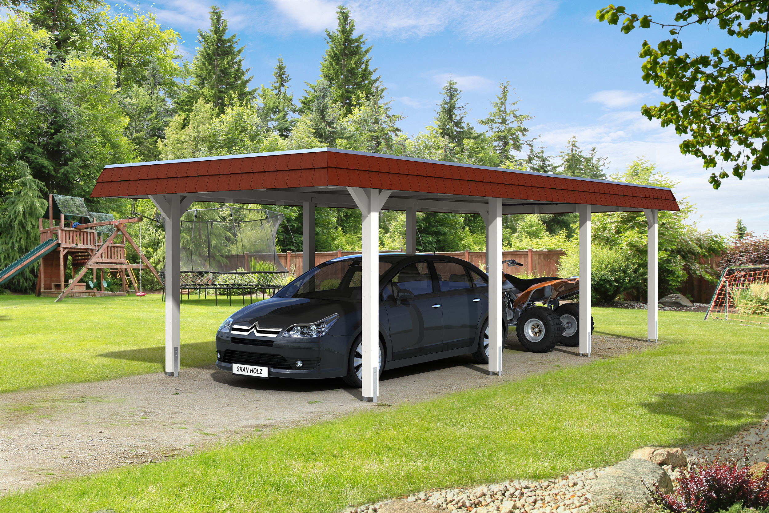 Skan Holz Walmdach Carport 362 cm rote Blende Größe 2 weiß Holzcarport