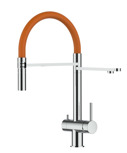 Kurzversion 45CM - 3 Wege Wasserhahn Küchenarmatur, Edelstahl Massiv mit 360° schwenkbarem Auslauf, abnehmbare 2 strahl Handbrause, Hochglanz / Orange