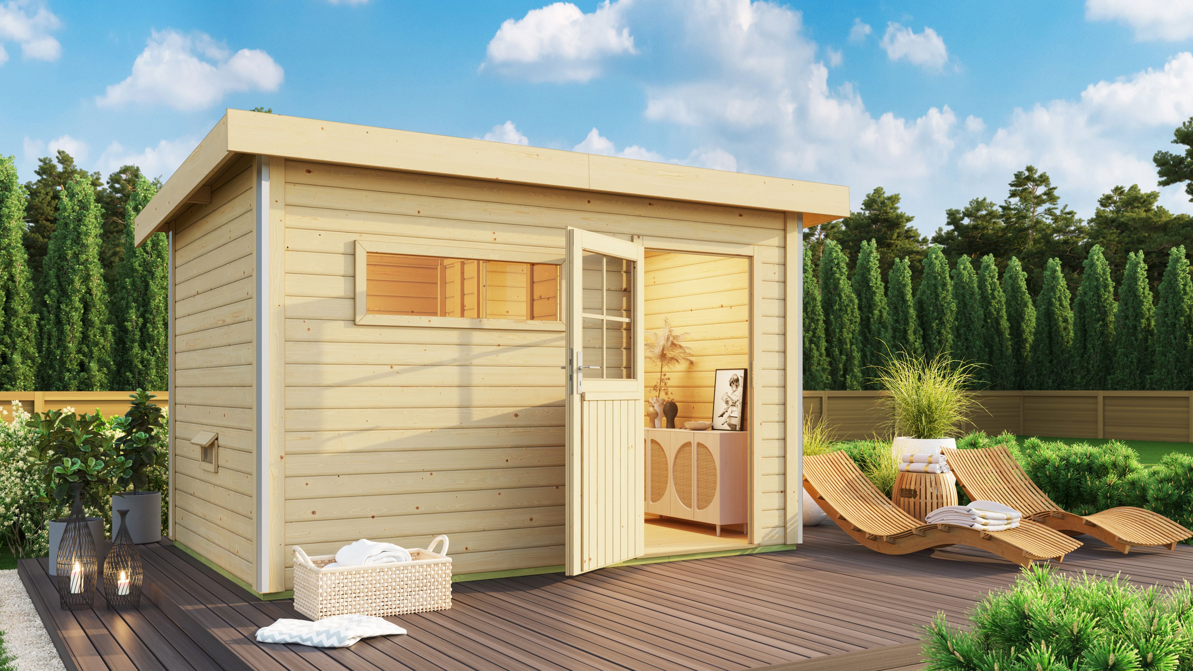 Karibu Saunahaus Skrollan 3 mit Vorraum naturbelassen (Rechteckfenster)