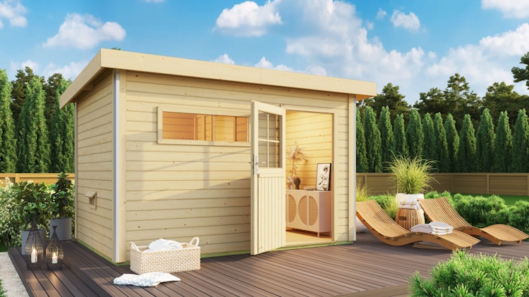 Karibu Saunahaus Skrollan 3 mit Vorraum naturbelassen (Rechteckfenster) inkl. gratis Sauna-Zubehörset im Wert von 234,94 €