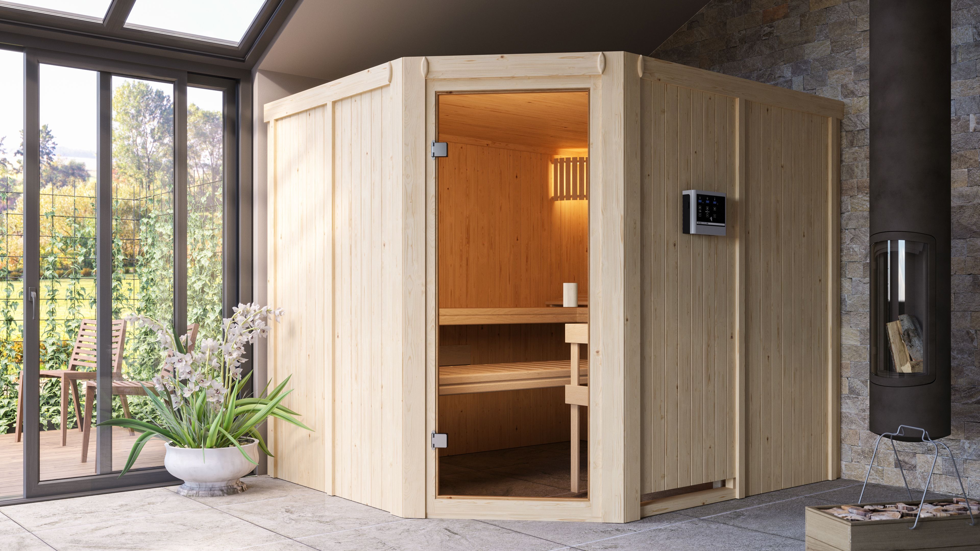 Karibu Woodfeeling Sauna Horna - 68 mm Aktionssauna inkl. gratis Zubehörpaket im Wert von 126,96€