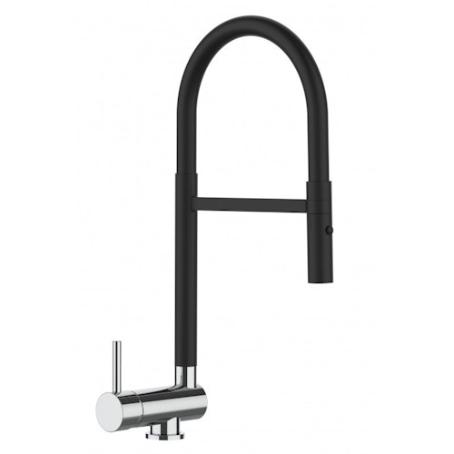 Wasserhahn Vorfenster Küchenarmatur, Umklappbar 6 CM, LINKER HEBEL, mit 360° schwenkbarem Auslauf abnehmbare 2 strahl Handbrause, Schwarz Matt und Verchromt