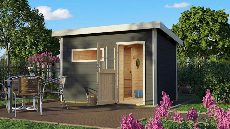 Karibu Saunahaus Skrollan 2 mit Vorraum terragrau inkl. gratis Sauna-Zubehörset im Wert von 234,94 €