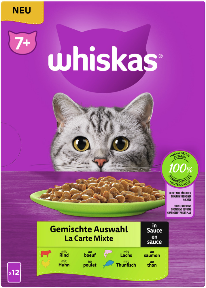 WHISKAS 7+ Gemischte Auswahl in Sauce 12 x 85 Gramm Multipack Katzennassfutter