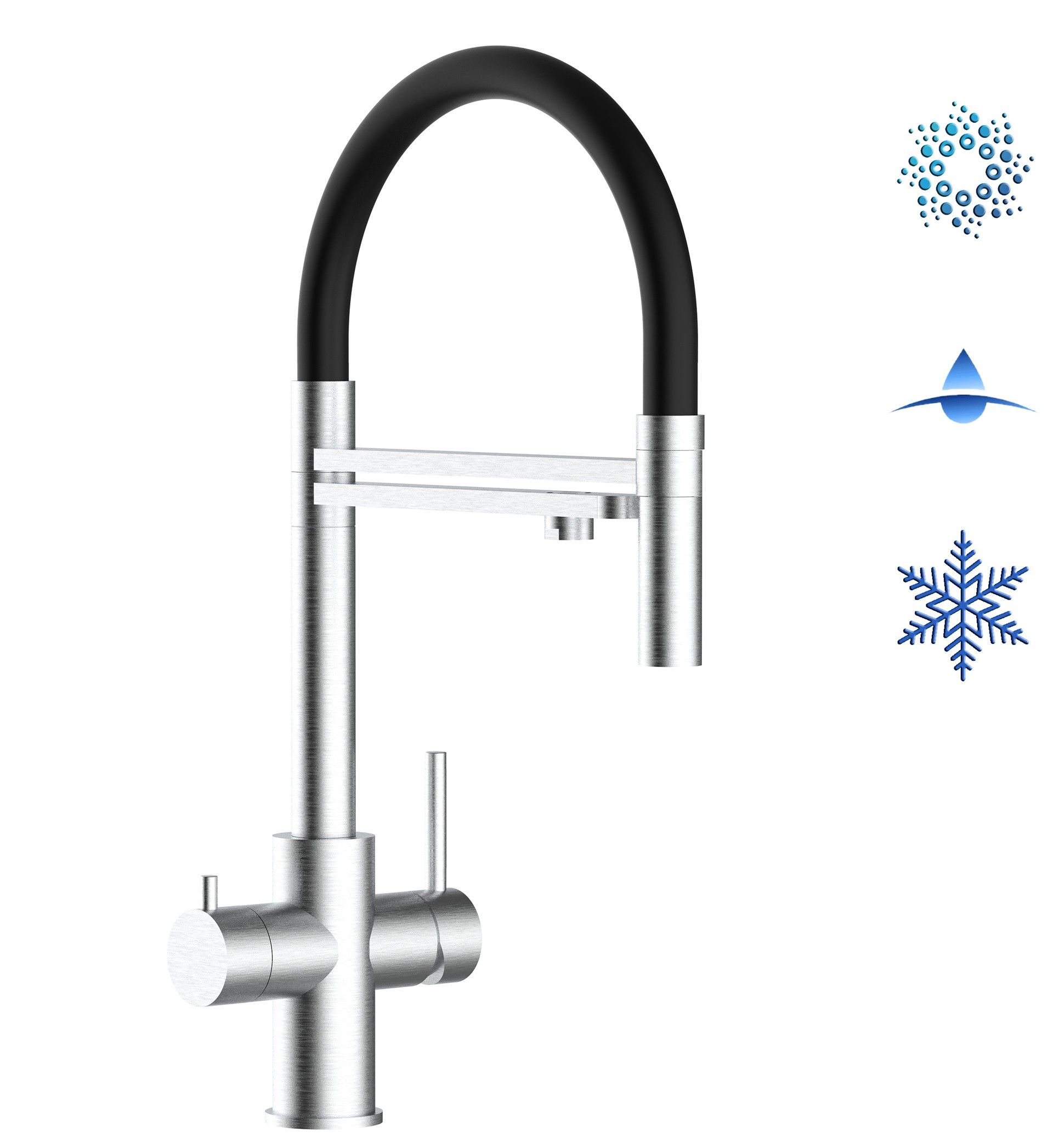 Kurzversion 47 cm - 5 Wege Wasserhahn Küchenarmatur, Edelstahl Massiv mit 360° schwenkbarem Auslauf, abnehmbare 2 strahl Handbrause, Gebürstet / Schwarz
